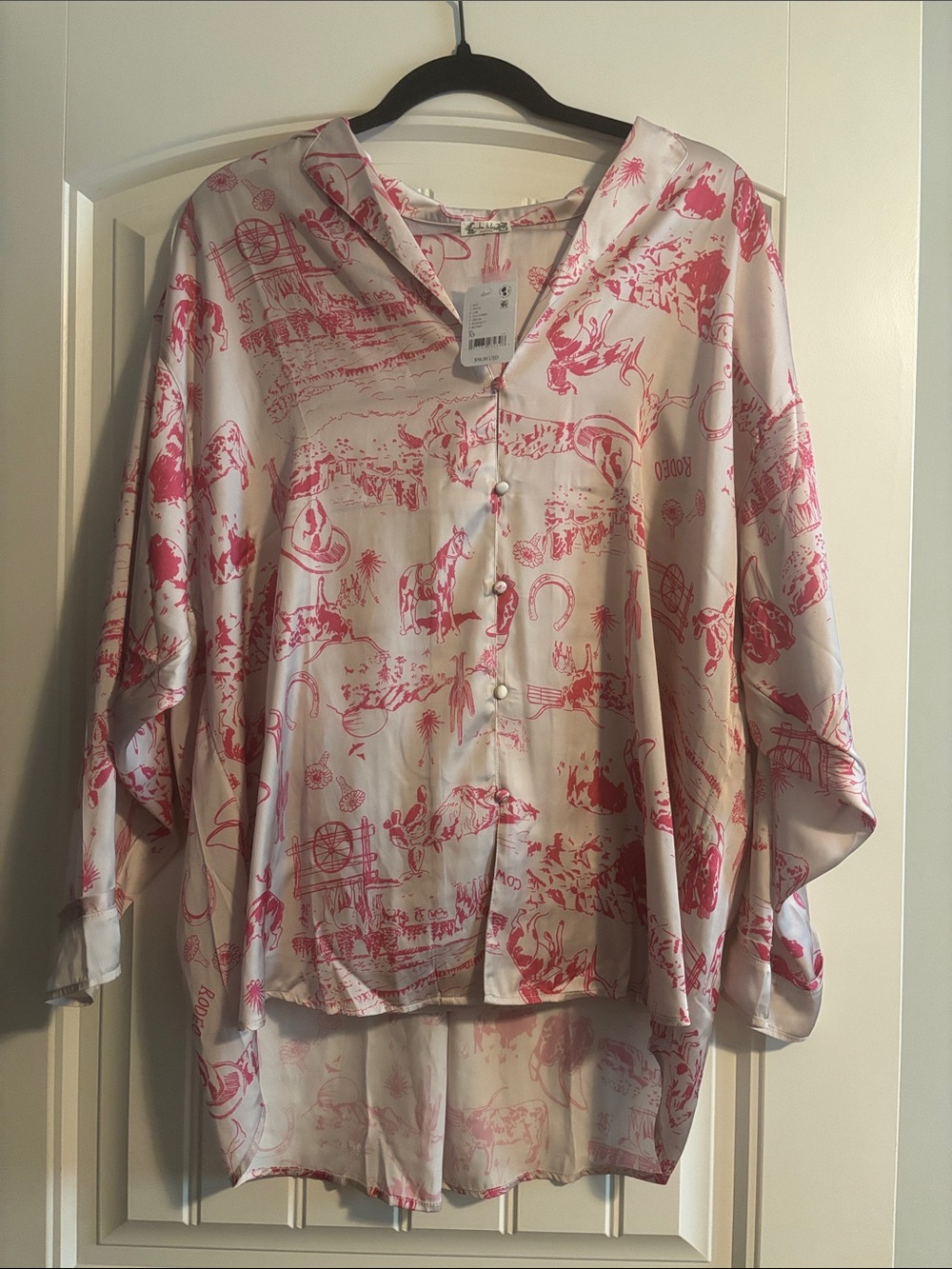 Free People Pink and White Printed Satin Pajama Set